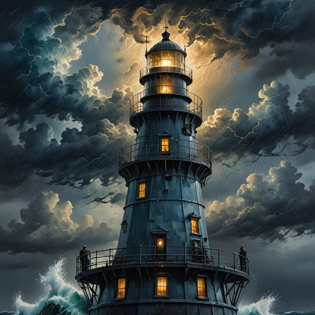 Lighthouse Keeper in Storm, Impressionistic Oil Painting