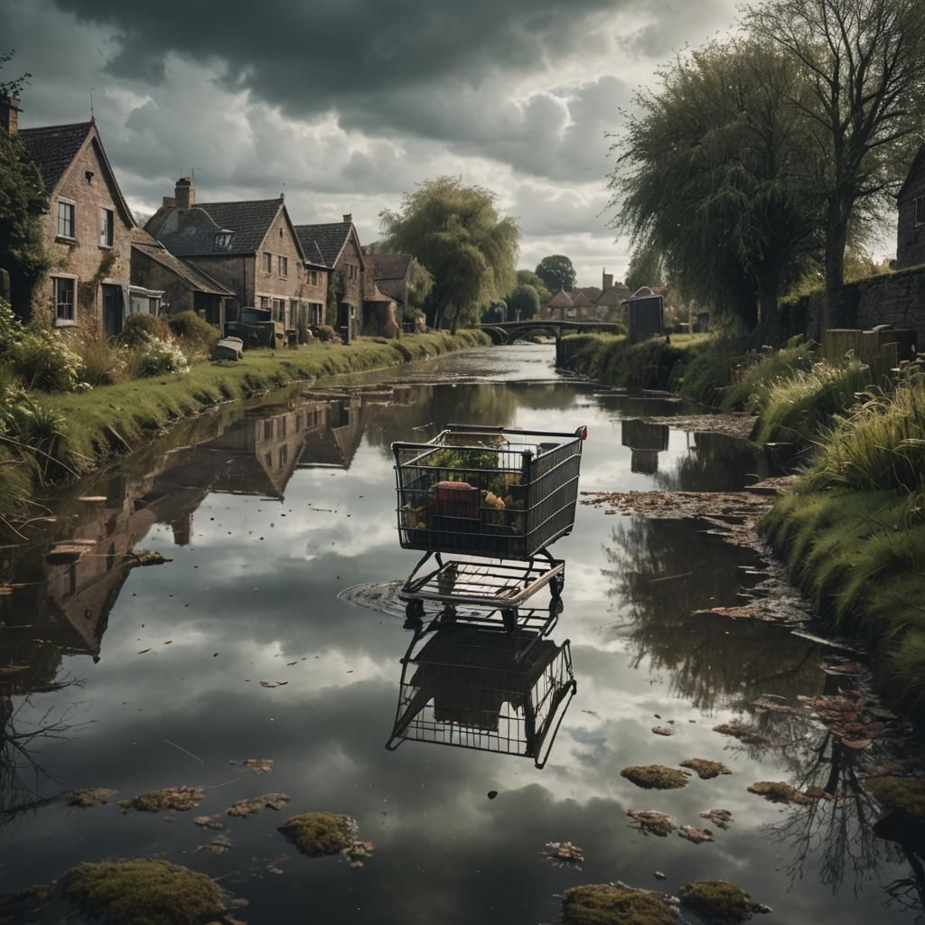 British Canal Scene with Abandoned Shopping Cart