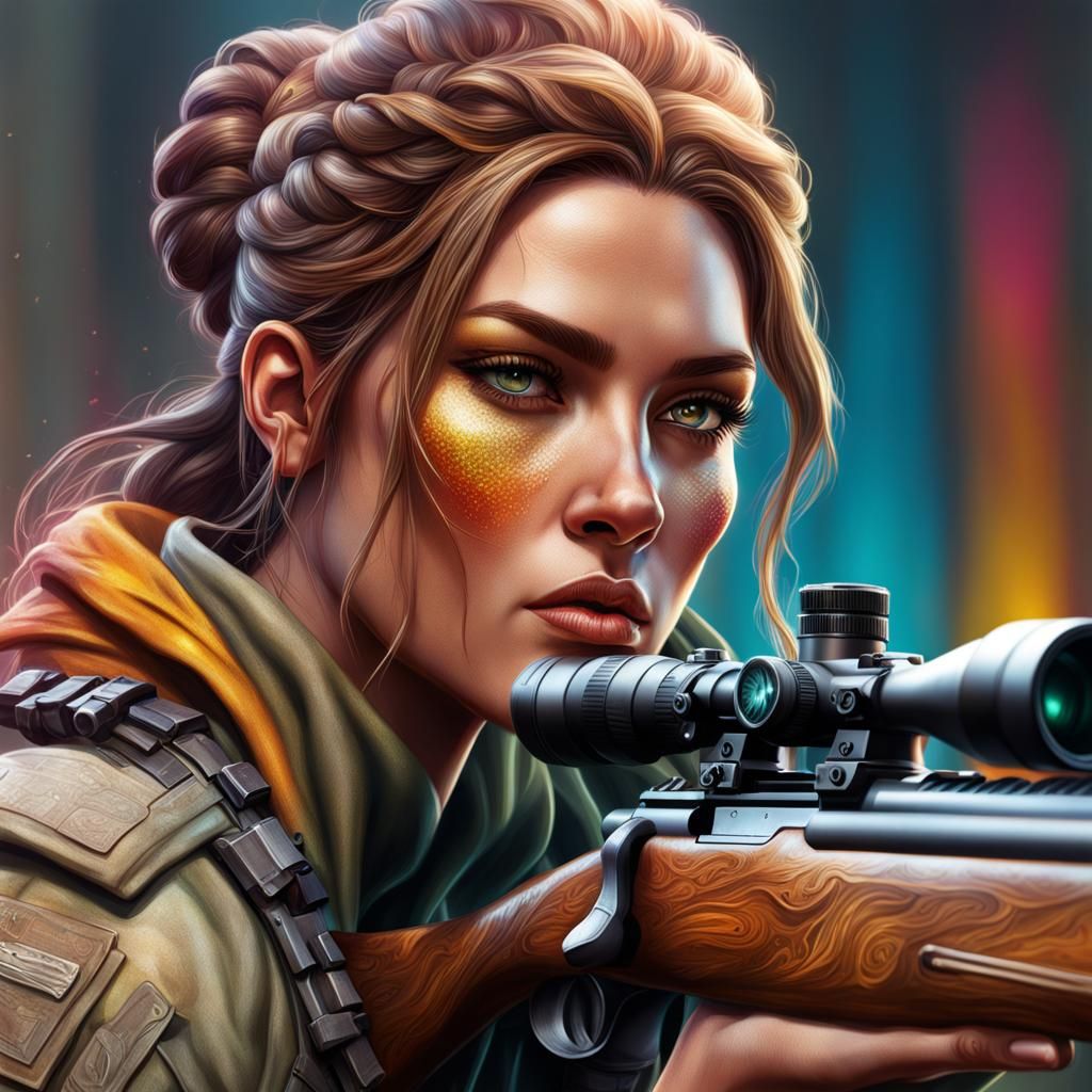 Hyperrealistic Sniper Princess Splash Art Portrait