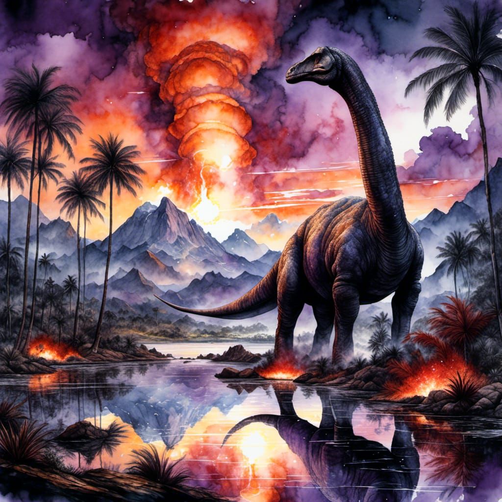 Watercolor Double Exposure: Brontosaurus and Volcano