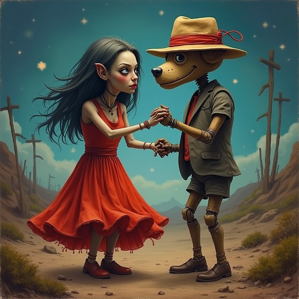 Ghoul and Robot Dog Dance in Post-Apocalyptic Wasteland