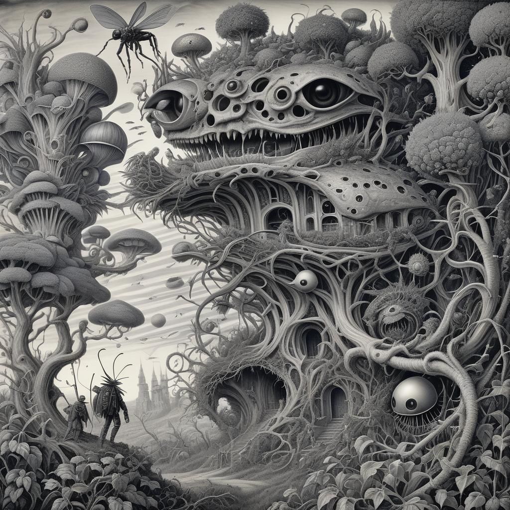 Surreal Insectoid Landscape with Seed Pod, Detailed Drawing