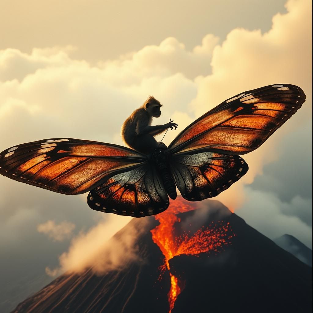 Monkey Riding Butterfly Above Volcano in Cinematic Style