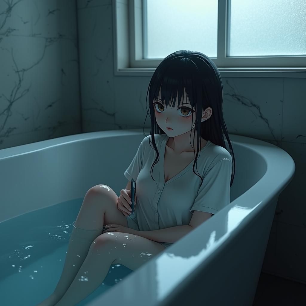 Melancholic Woman in Dimly Lit Bathroom