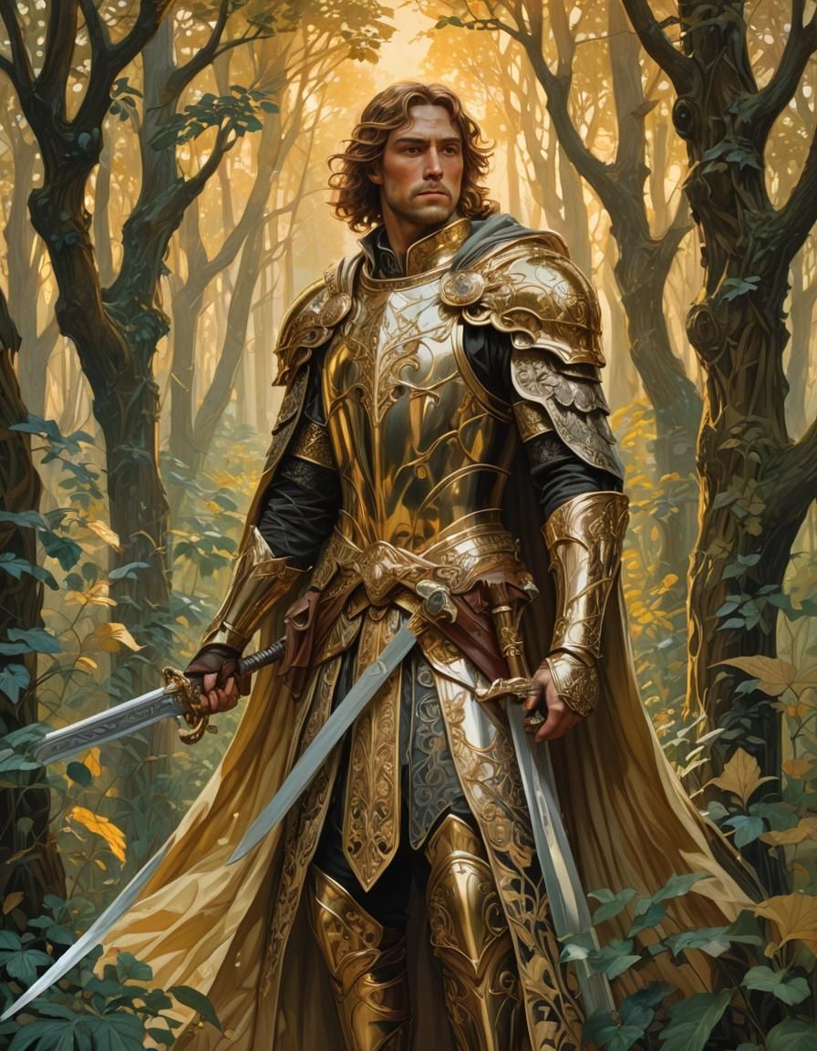 Paladin in Art Nouveau Style Forest Scene
