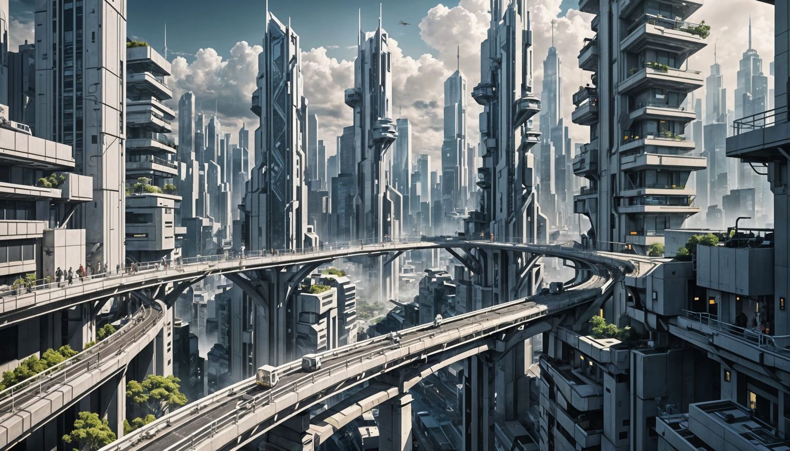 Futuristic Cityscape with Monorails in Anime Style