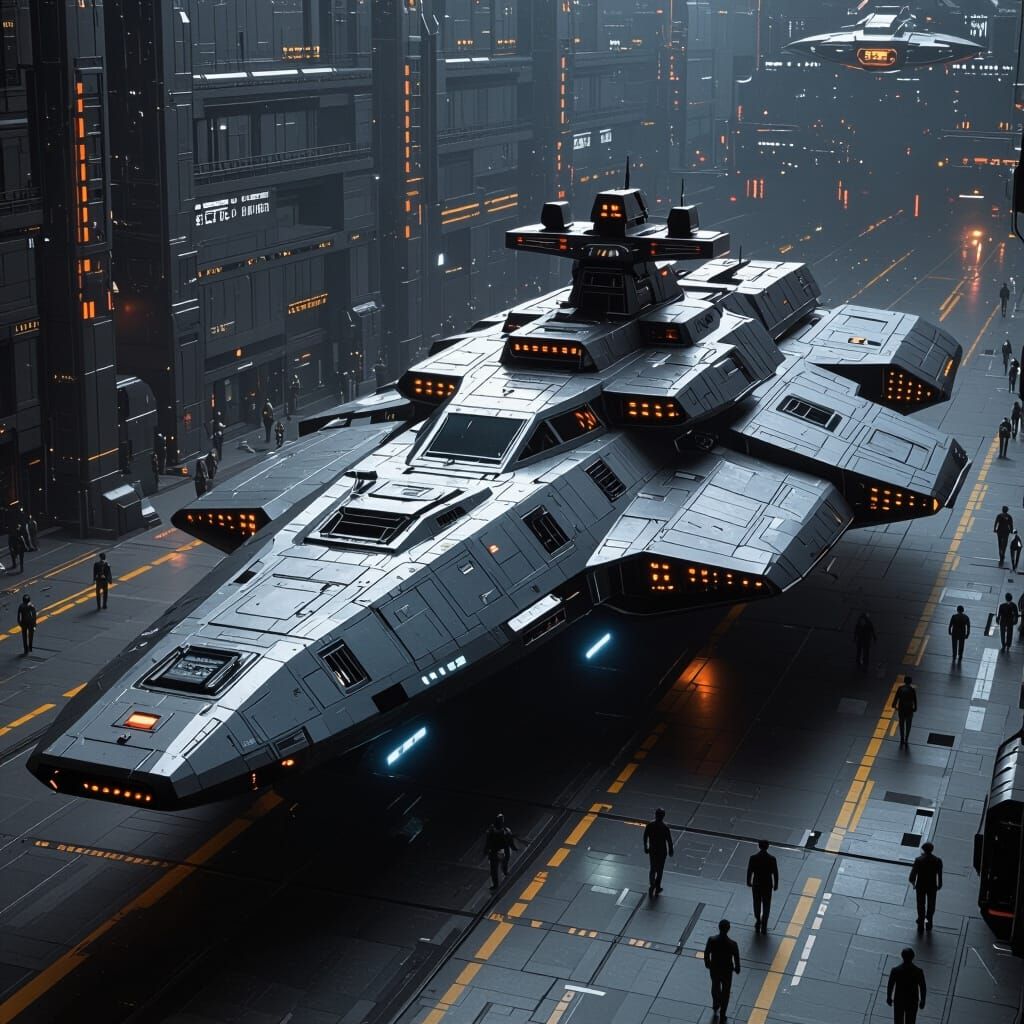 Futuristic Space Battleship in Cyberpunk Style