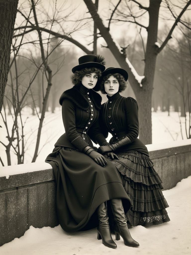 Gibson Girl-Inspired Winter Scene in Black and White