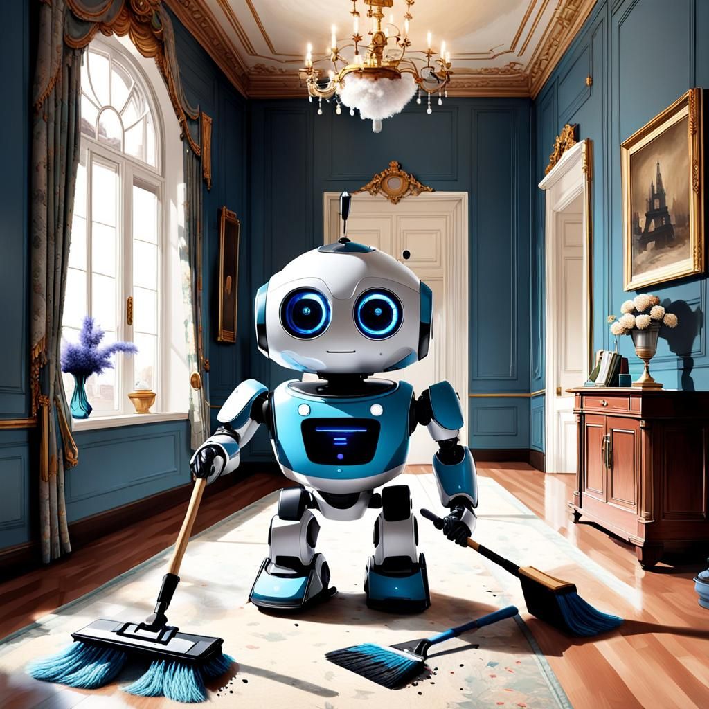 Cute Robot Struggles with Dust in Grand Mansion