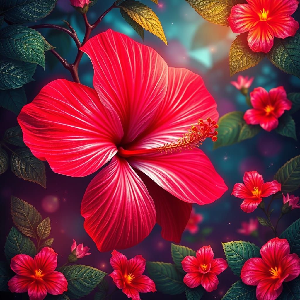 Neon Red Hibiscus Flower in Dreamy Surreal Style
