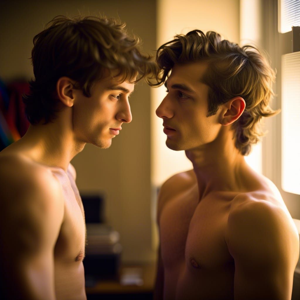 Loving Gay Couple in College Dorm, Film Photography