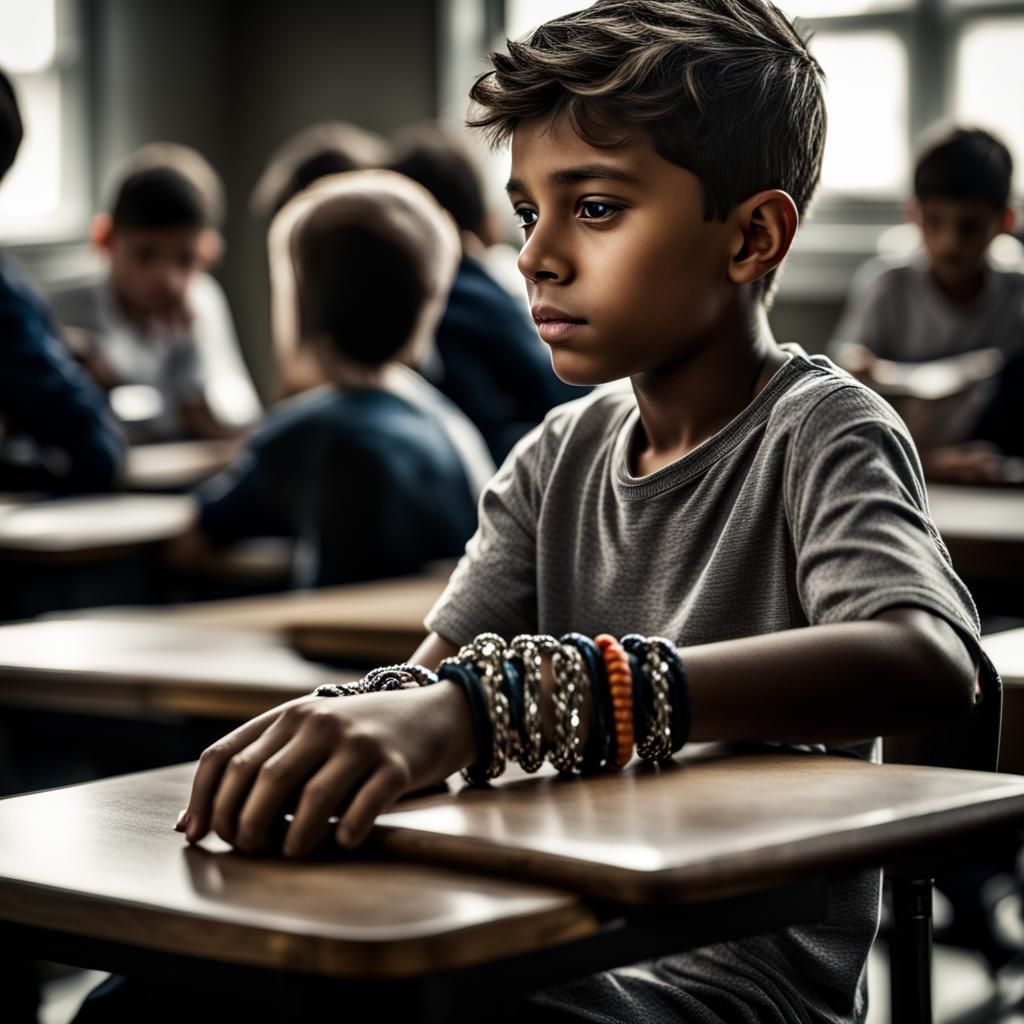 Hyperrealistic Boy With Bracelet at School