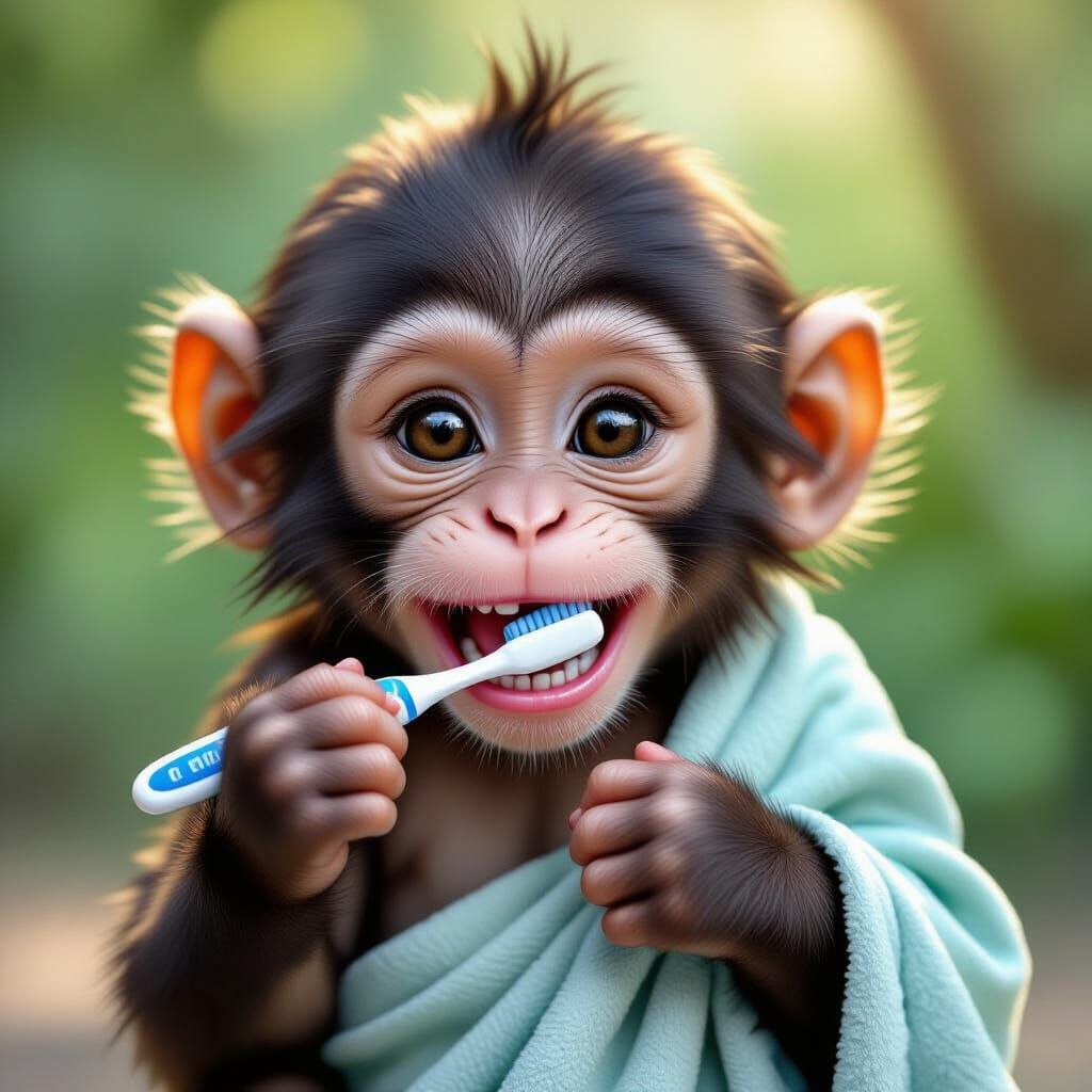 Cute Monkey Brushing Teeth With Towel