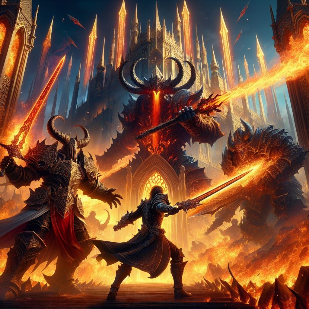 Epic Fantasy Battle in a Fiery Castle