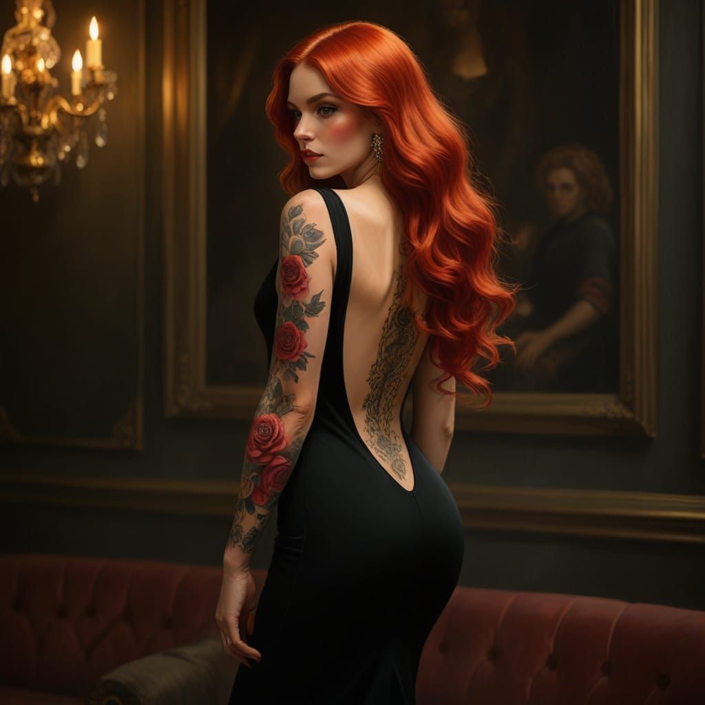 Elegant Woman in Golden Light, Rose Tattoos