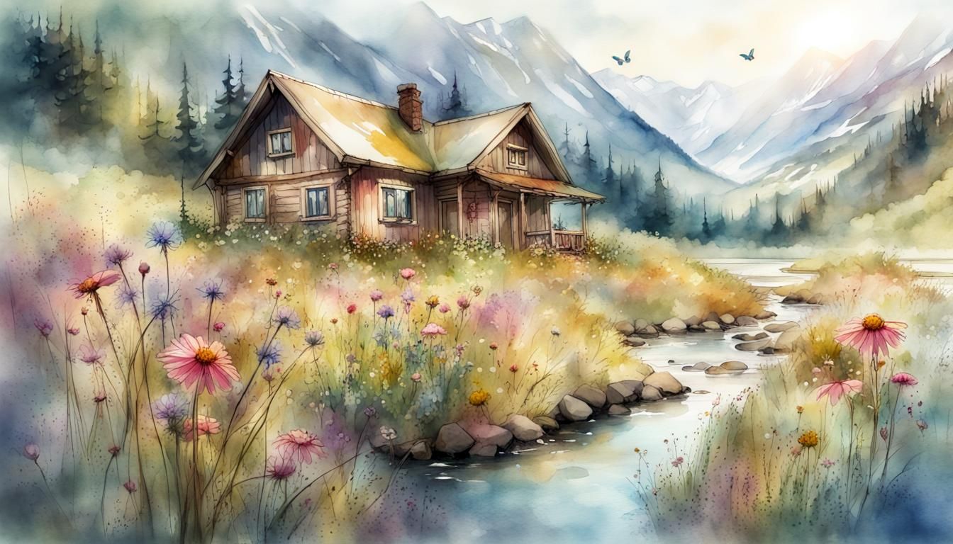 Watercolor Mountain Cottage with Flower Meadow