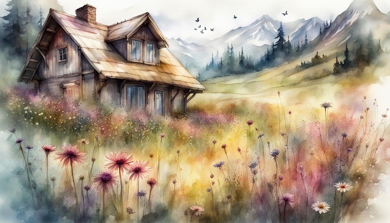 Mountain Cottage in Flower Meadow: Digital Watercolor