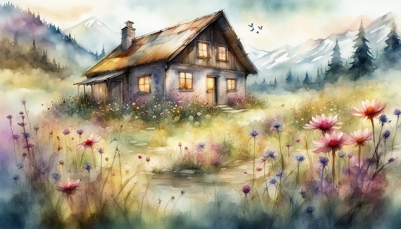 Mountain Cottage in Flower Meadow: Watercolor Illustration