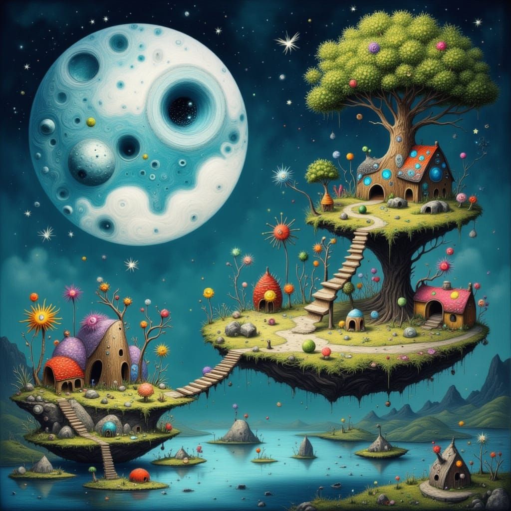 Floating Islands Connected by Moonlight Bridges