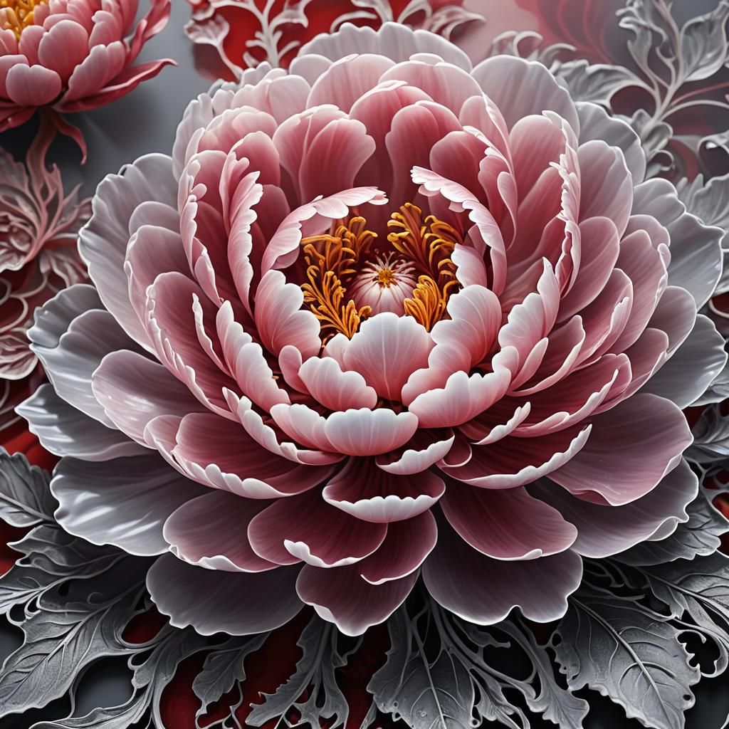 Liquid Cinnabar Peony Flower in Silver Filigree