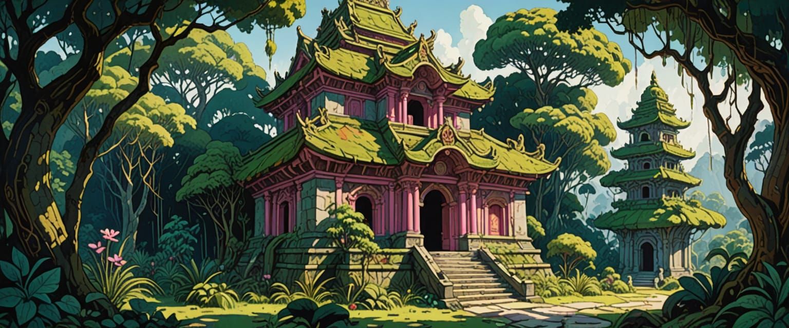 Lush Rainforest Temple in Watercolor Comic Style