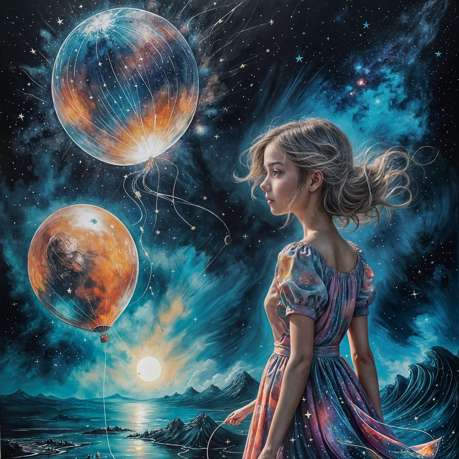 Girl at World's Edge Gazing Into Cosmic Abyss