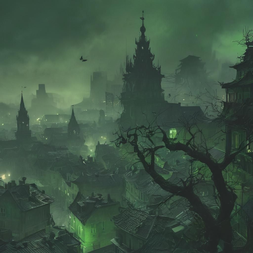 Ominous Dark Fantasy Cityscape with Eerie Green Glow