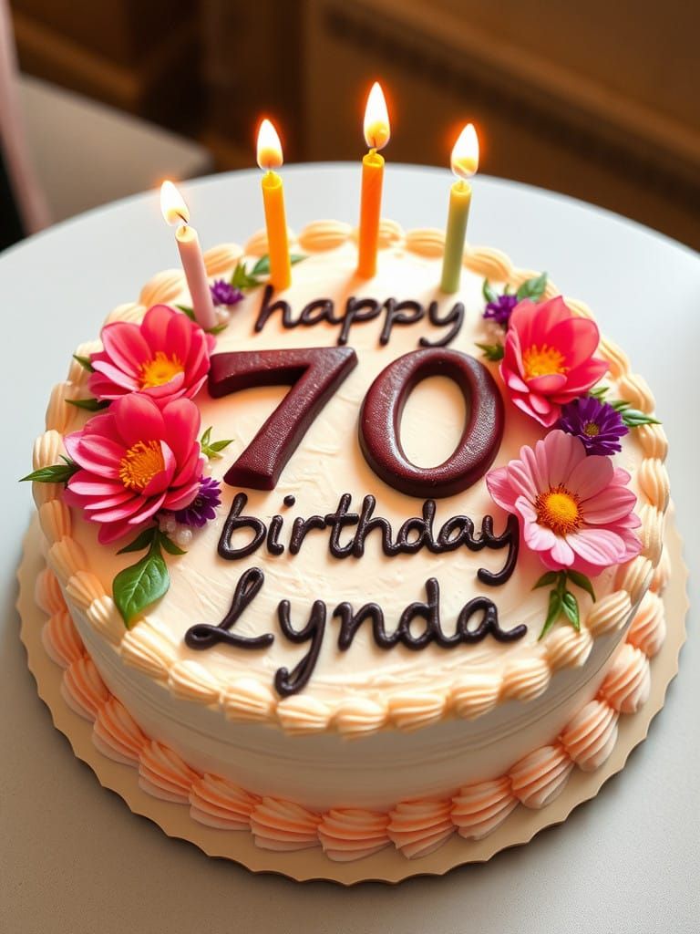birthday cake with flowers on it and says ‘happy 70th birthday Lynda’