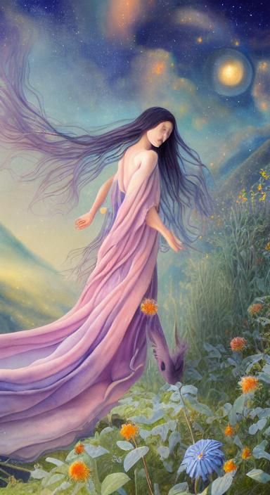 Woman Holding Galaxy in Andes, Surreal Watercolor Art