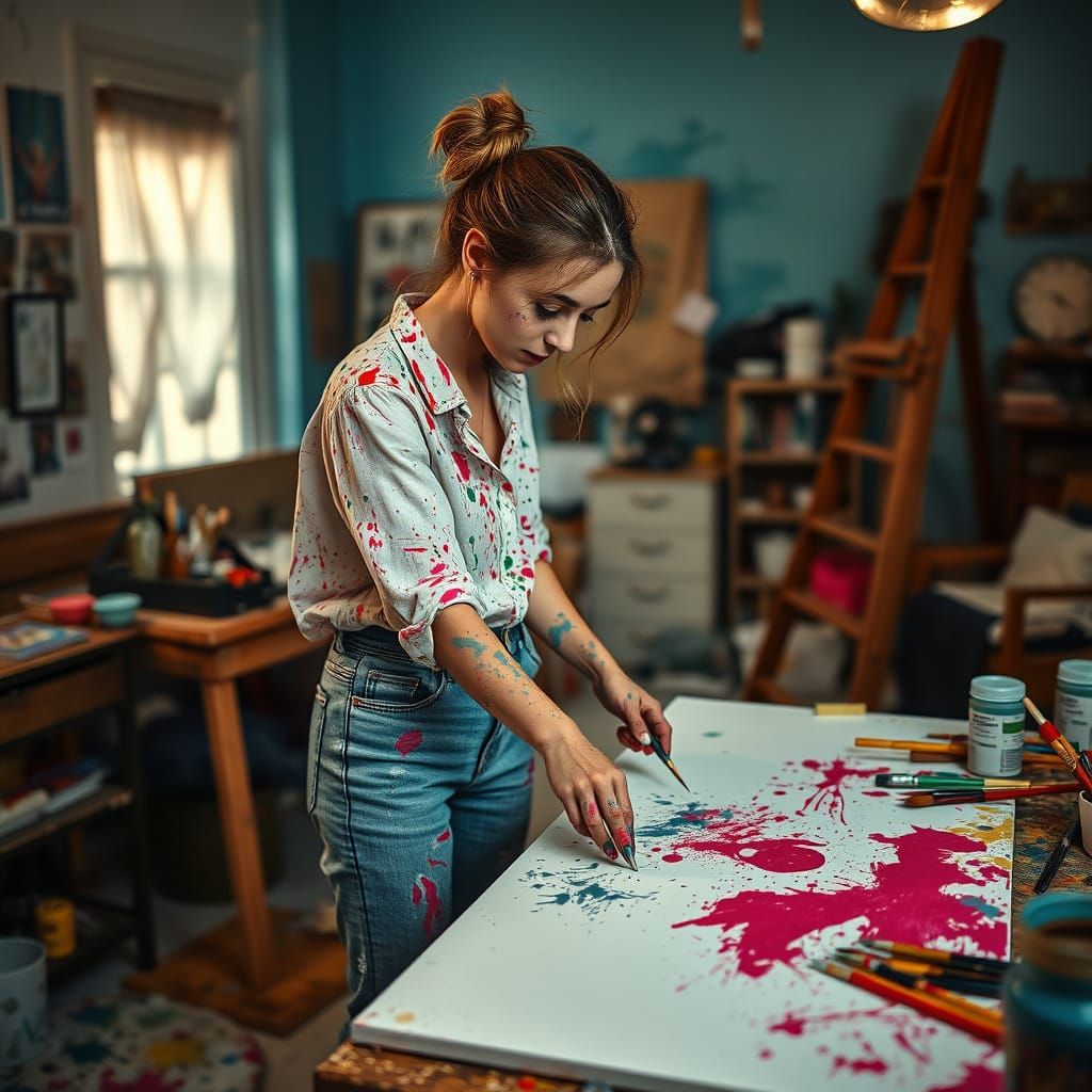 Artist Painting in Cozy, Cluttered Studio