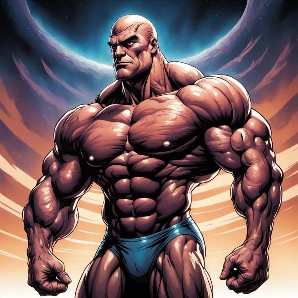 Bodybuilder in Comic Book Style Stands Before Infinity