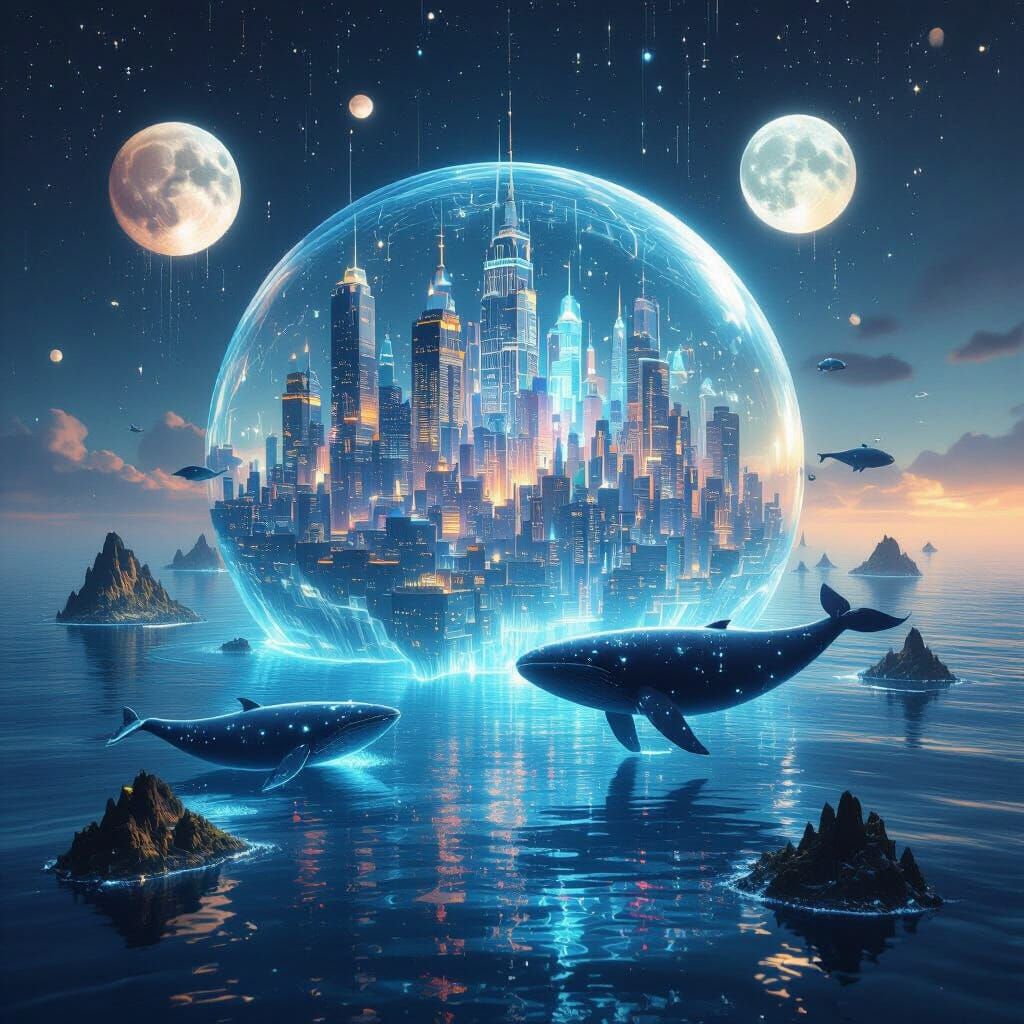 Floating City in Quantum Ocean with Liquid Light Buildings
