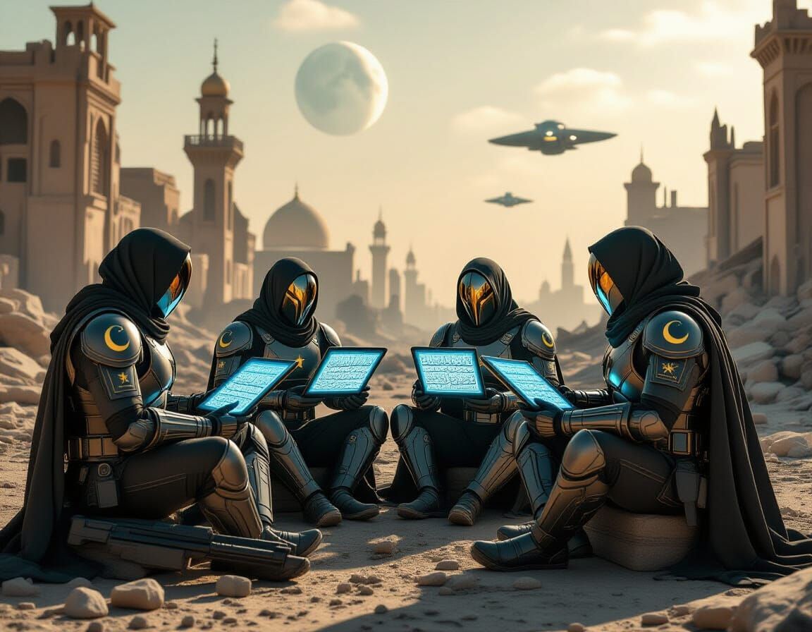 Muslim Soldiers in Futuristic Armor Study Quran in Alien Rui...