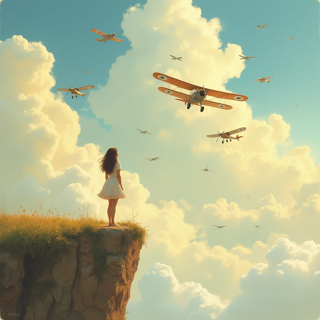 Woman in Whimsical Landscape Surrounded by Vintage Airplanes