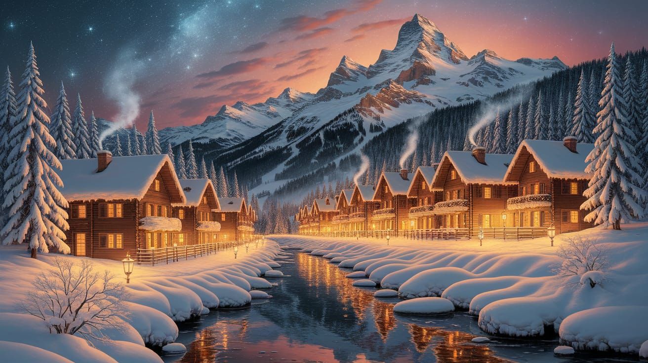 Snowy Alpine Village at Night in Oil Painting Style