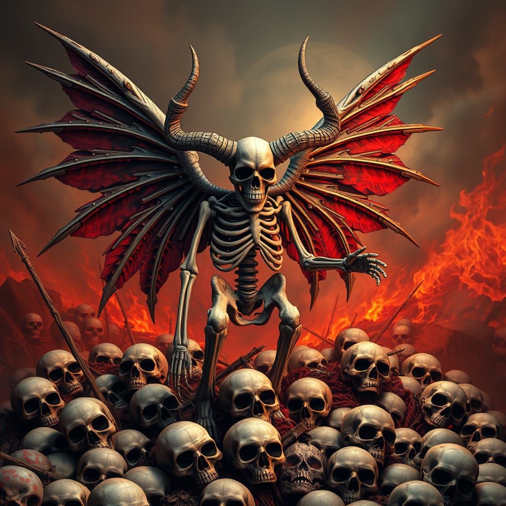 Skeletal King of Hell Reigns Over Pile of Skulls in Dark Met...
