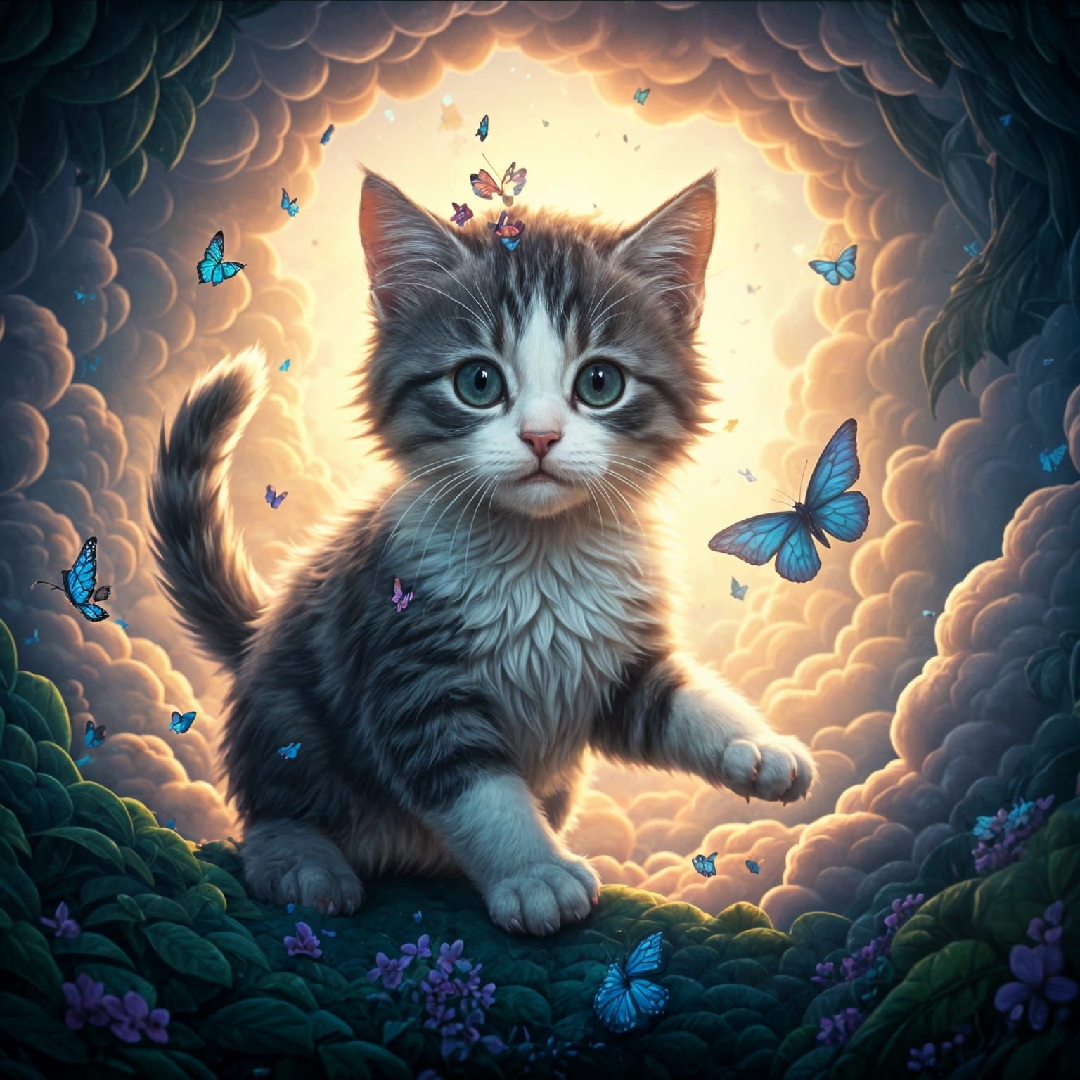 Kitten Playing with Butterflies: Detailed Matte Painting