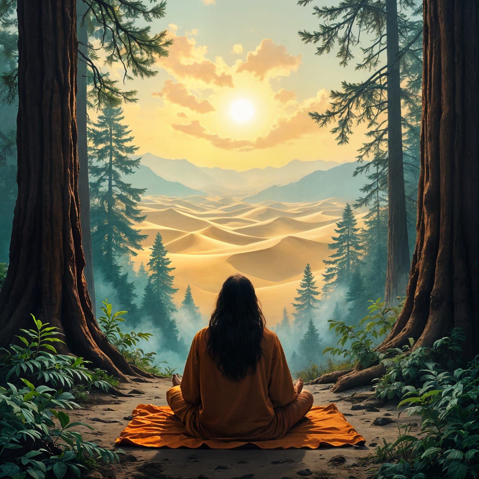 Yogi Astral Projection: Forest to Desert in Oil Painting