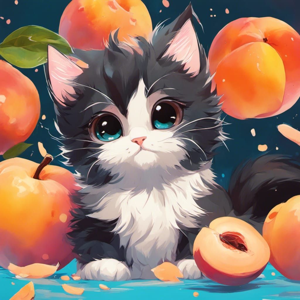 Cute Chibi Kitten Surrounded by Peaches in Anime Style