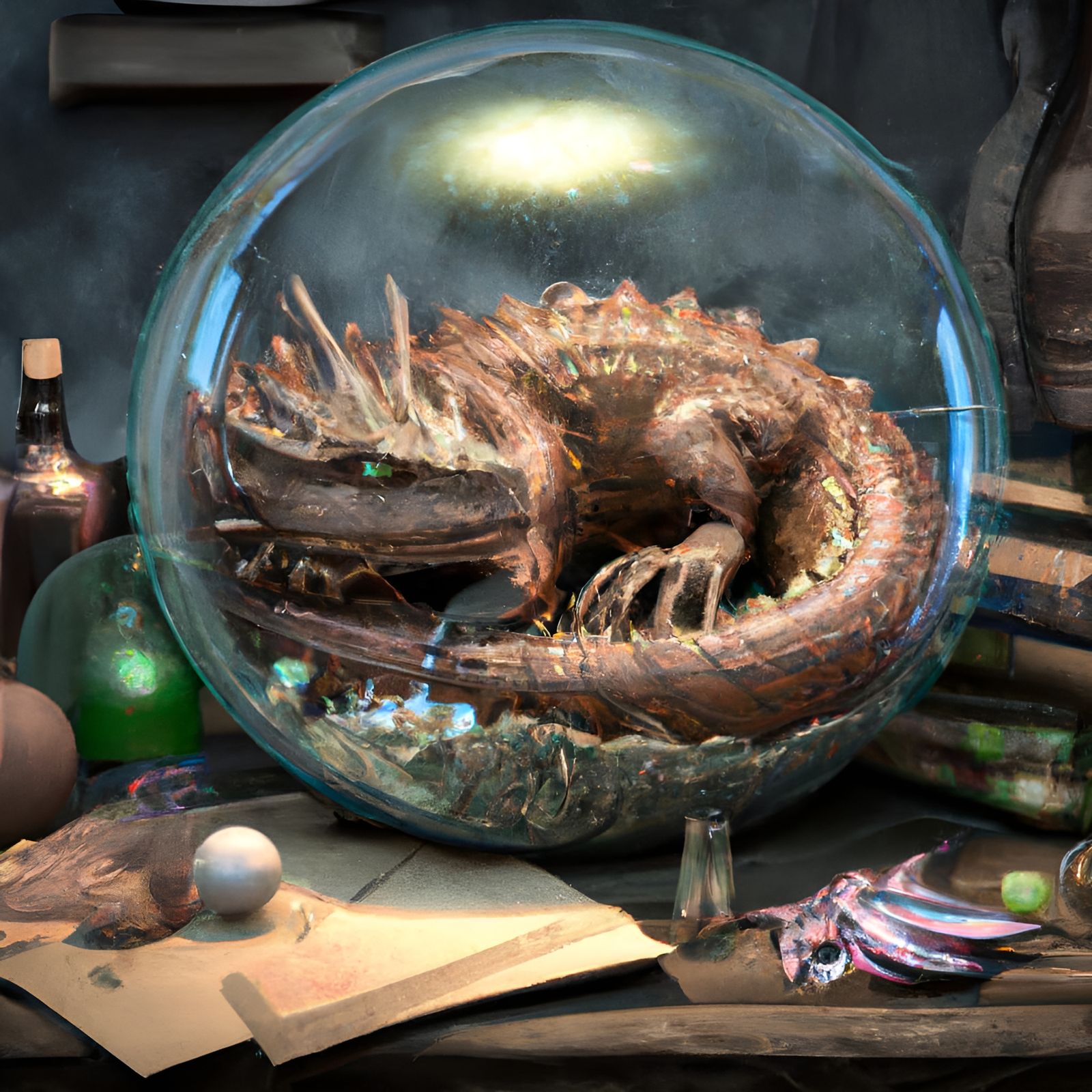 Dragon Sleeping in Glass Globe on Sorcerer's Desk