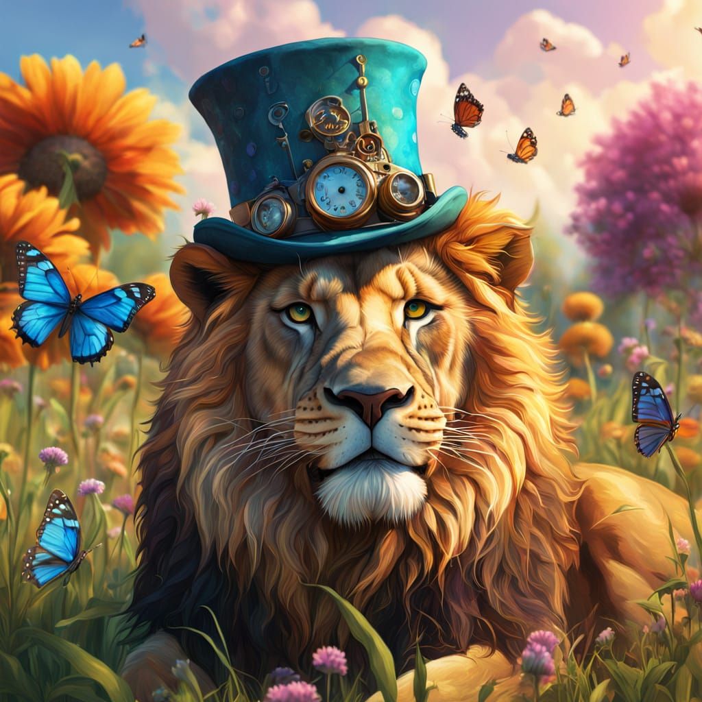Steampunk Lion and Butterfly in Digital Painting