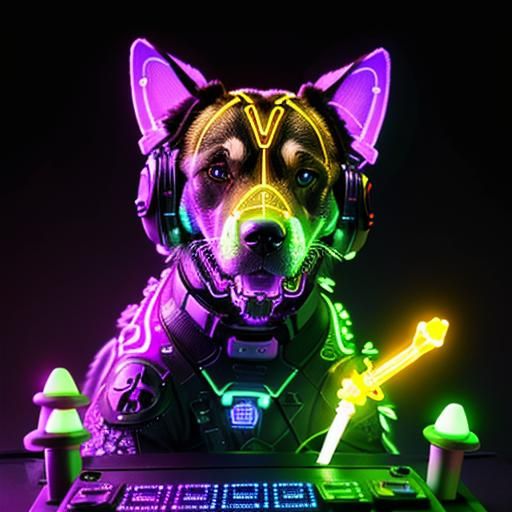 Cybernetic Hound Chewing Bone, in Cyberpunk Style