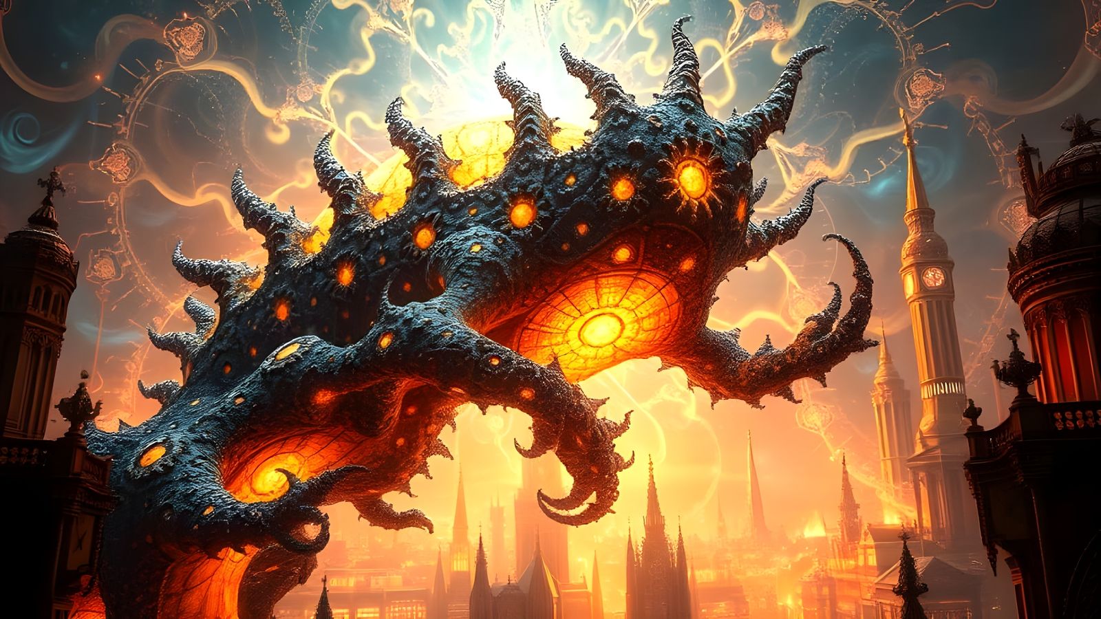 Fractal Energy Giant in Ancient Cityscape