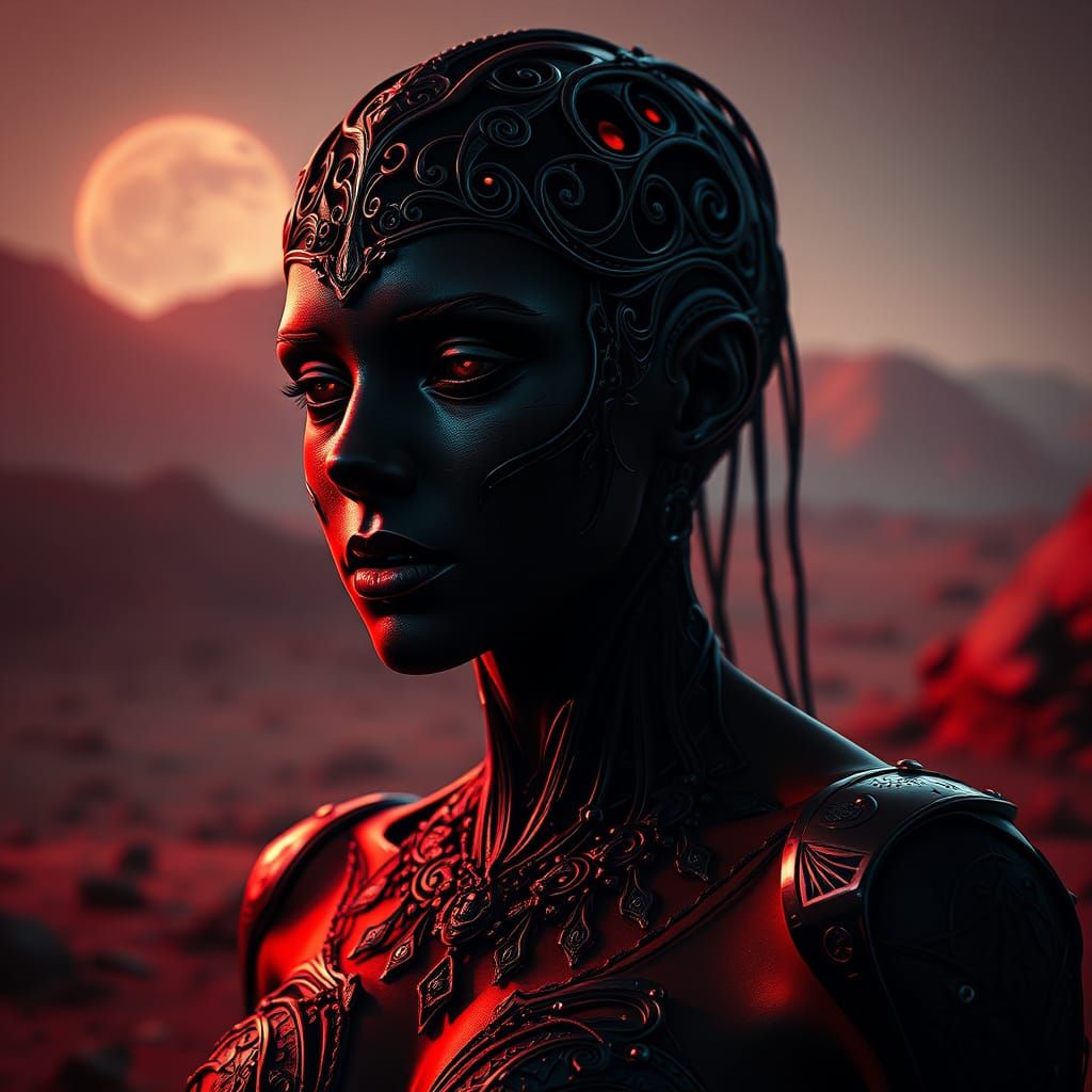 Mysterious Martian Figure in Dark, Triadic Hues