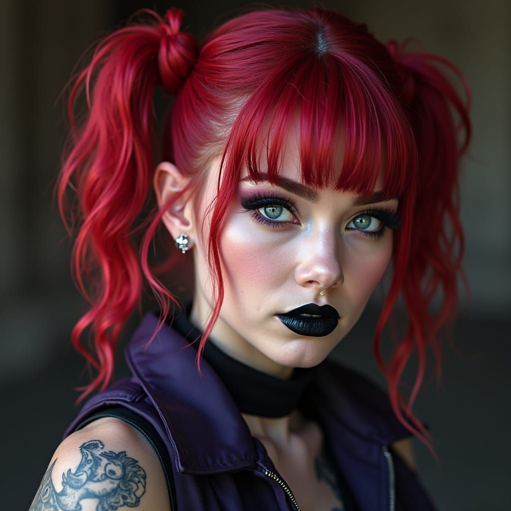 Red and Black Haired Woman with Tattoos