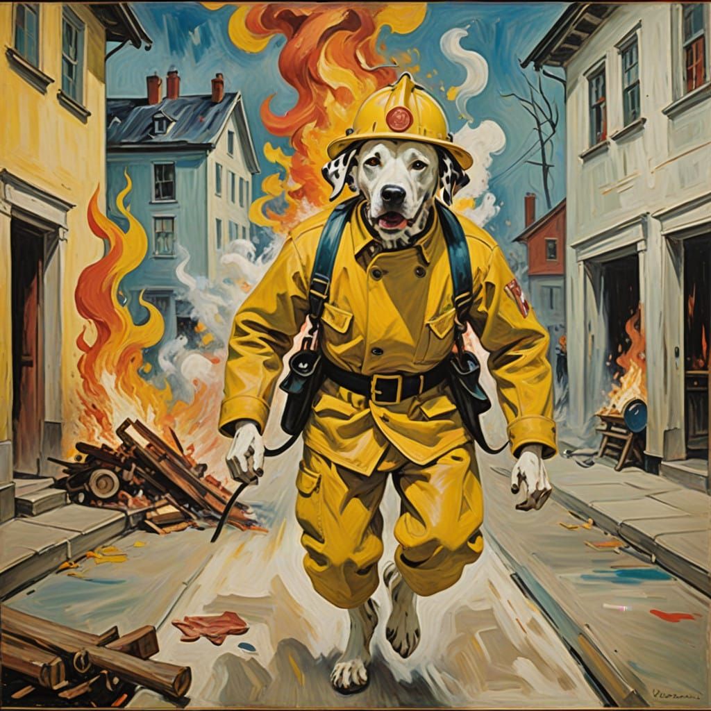 Dalmatian Firefighter Charging Towards Flames in Expressive...