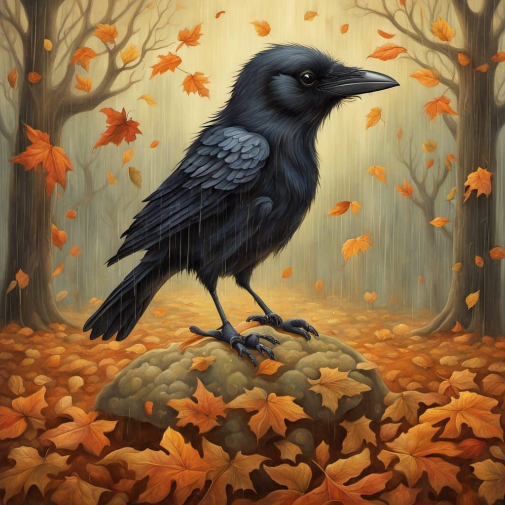 Raven with Umbrella in Rainy Fall Day