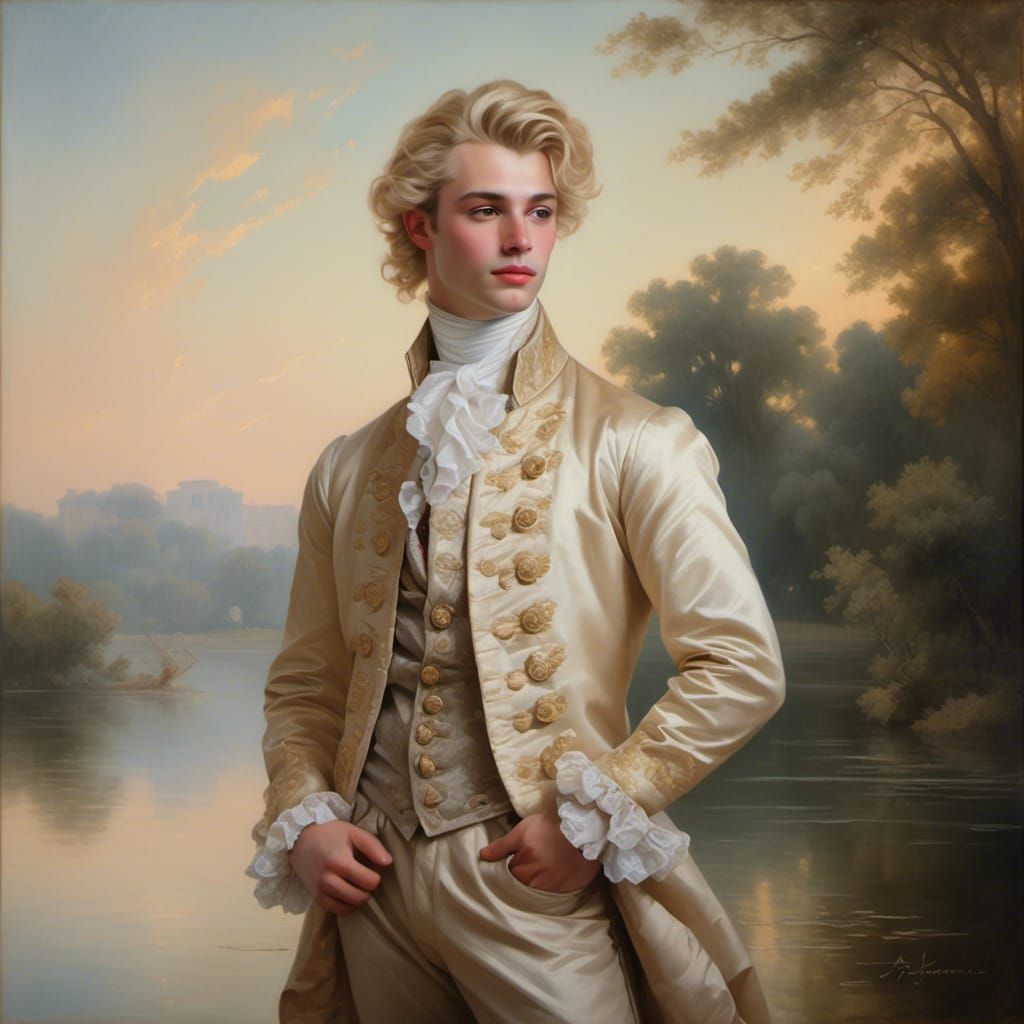 Elegant Rococo Portrait on Misty Lake Shore