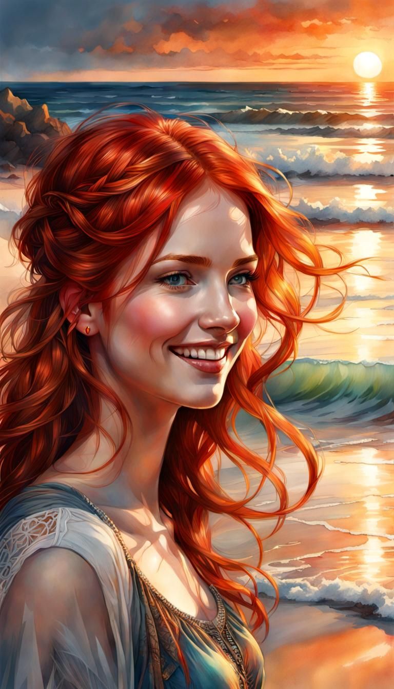 Redhead Pregnant Woman Smiling on Beach, Art Nouveau