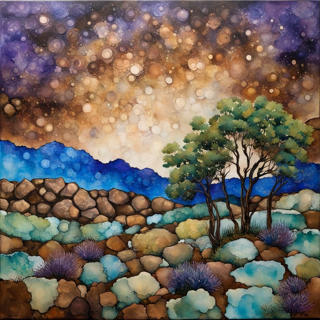 alcohol ink art :: Scrubland :: brown rock wall face :: starry night black ink blue sage green lavender: neo-impressioni...